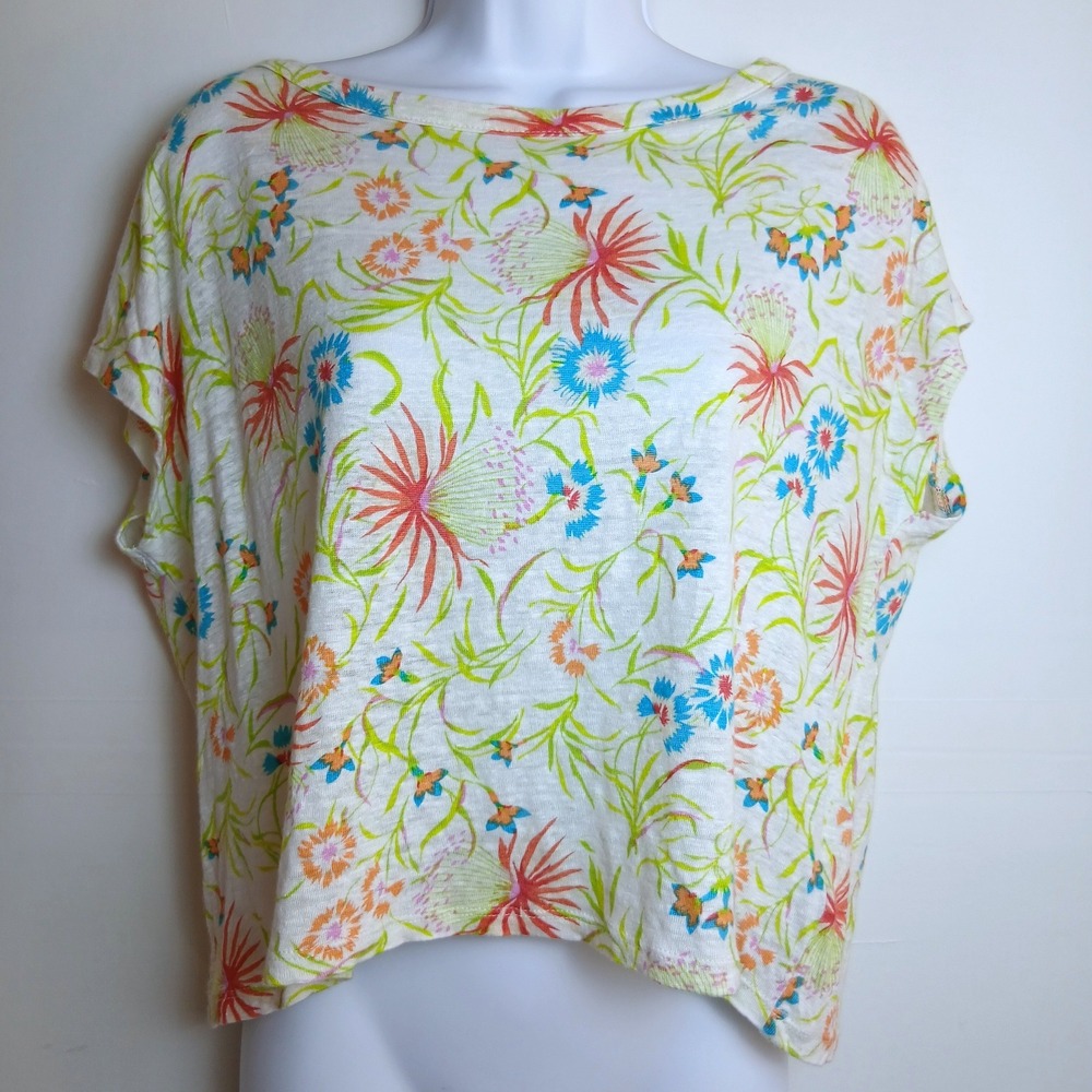 Joie Women White Floral 100% Linen Knit Boat Neck Top Sz M Resort